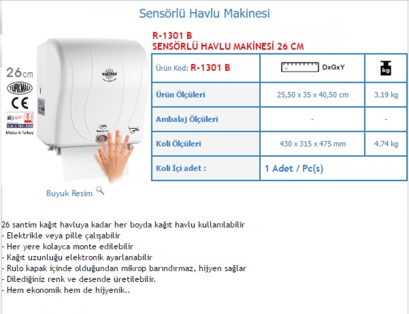SENSÖRLÜ HAVLU MAKİNASI 26 CM